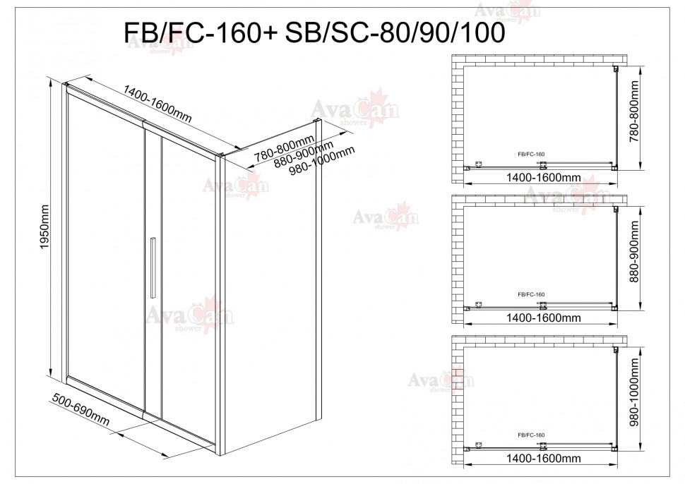 Душевой уголок AvaCan FB 140-160 + SB 80 MT