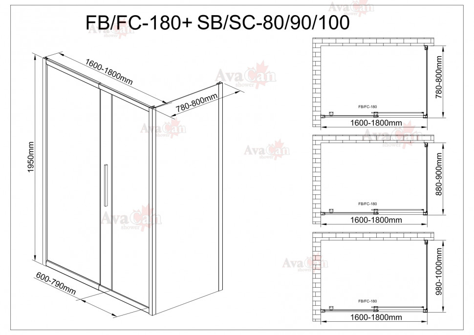 Душевой уголок AvaCan FB 160-180 + SB 80