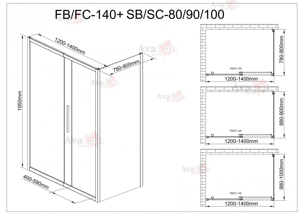 Душевой уголок AvaCan FB 120-140 + SB 80