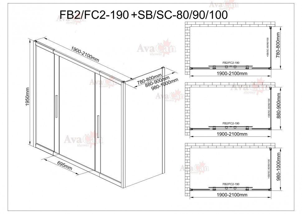 Душевой уголок AvaCan FB2 190-210 + SB90
